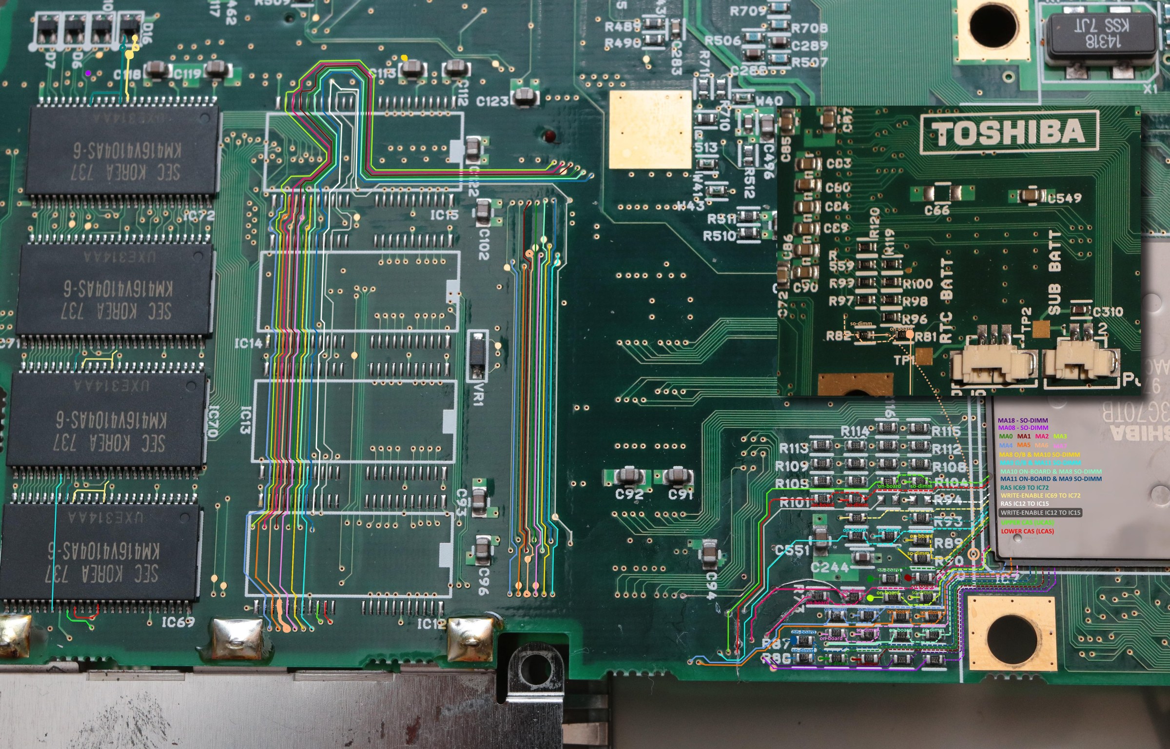 Thermalwrong's map of the memory lines on his Satellite 460CDT board, every line marked in color