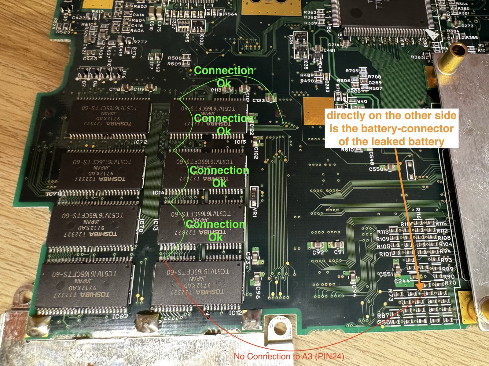 No connection to A3 (pin 24) - directly on the other side of the board is the connector of the leaked battery