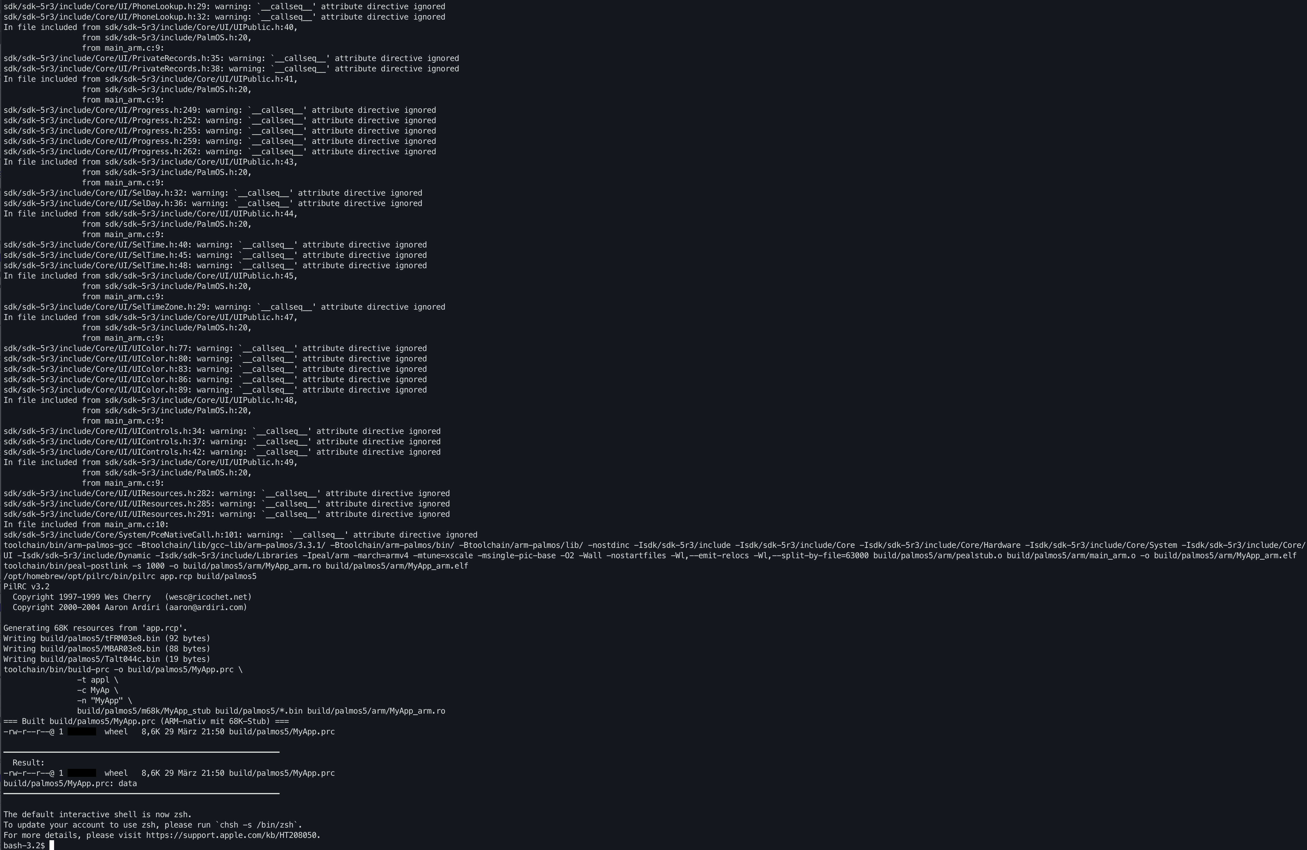 Terminal output of make build TARGET=palmos5 for Palm OS 5 (ARM)