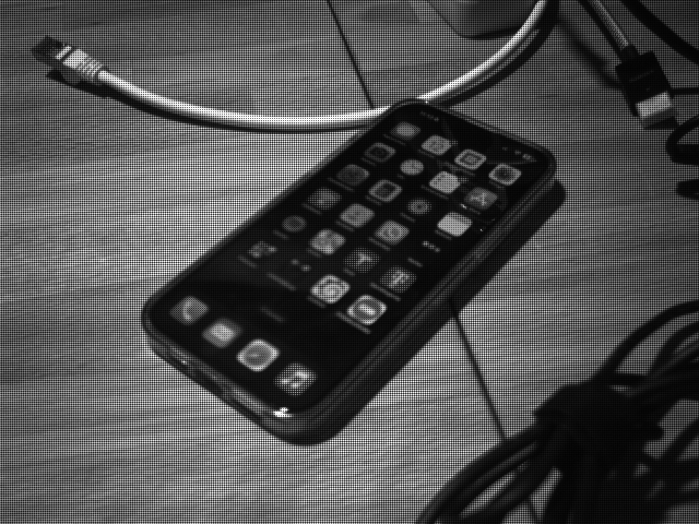 Raw sensor data after decompression, still as a grey image with a fine grid pattern
