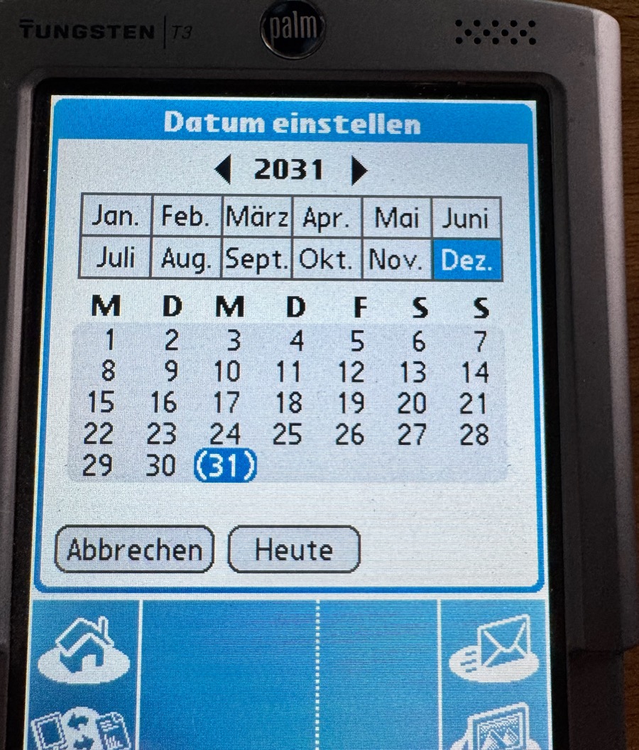 The system date picker on a Tungsten T3: 2031 is the last year you can select