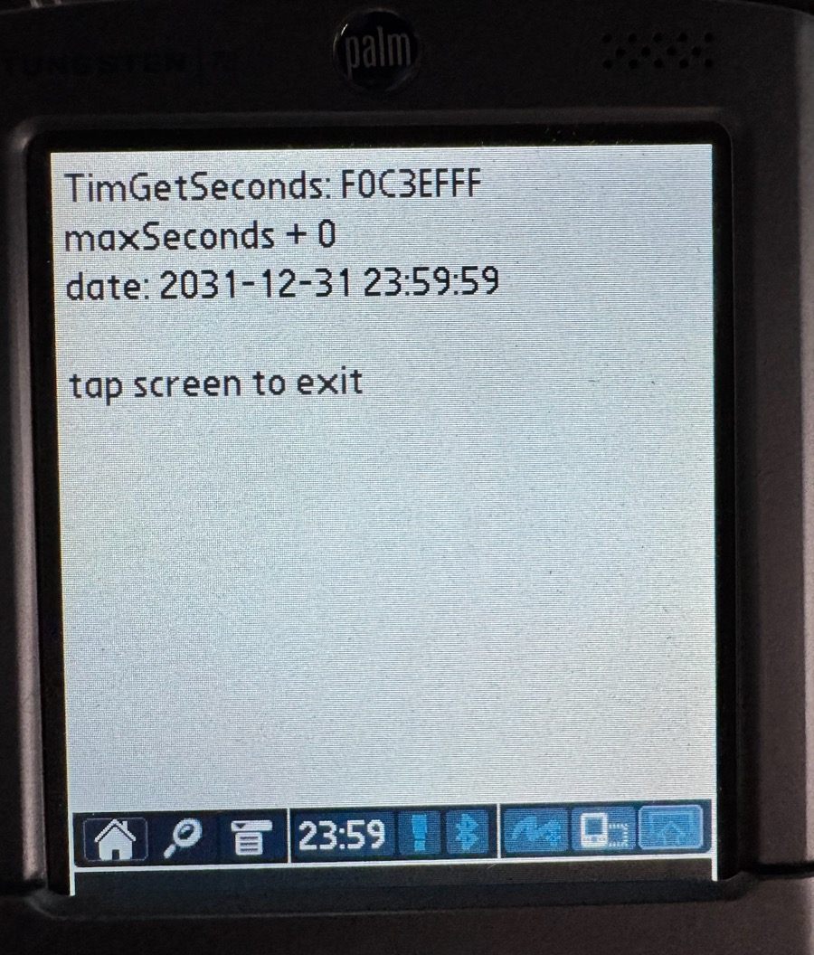 ClockProbe on the T3, without any fix: the clock is exactly at maxSeconds, 2031-12-31 23:59:59