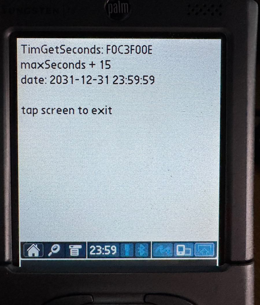 15 seconds later: the raw clock value counts on (maxSeconds + 15), the converted date stays at 23:59:59 forever