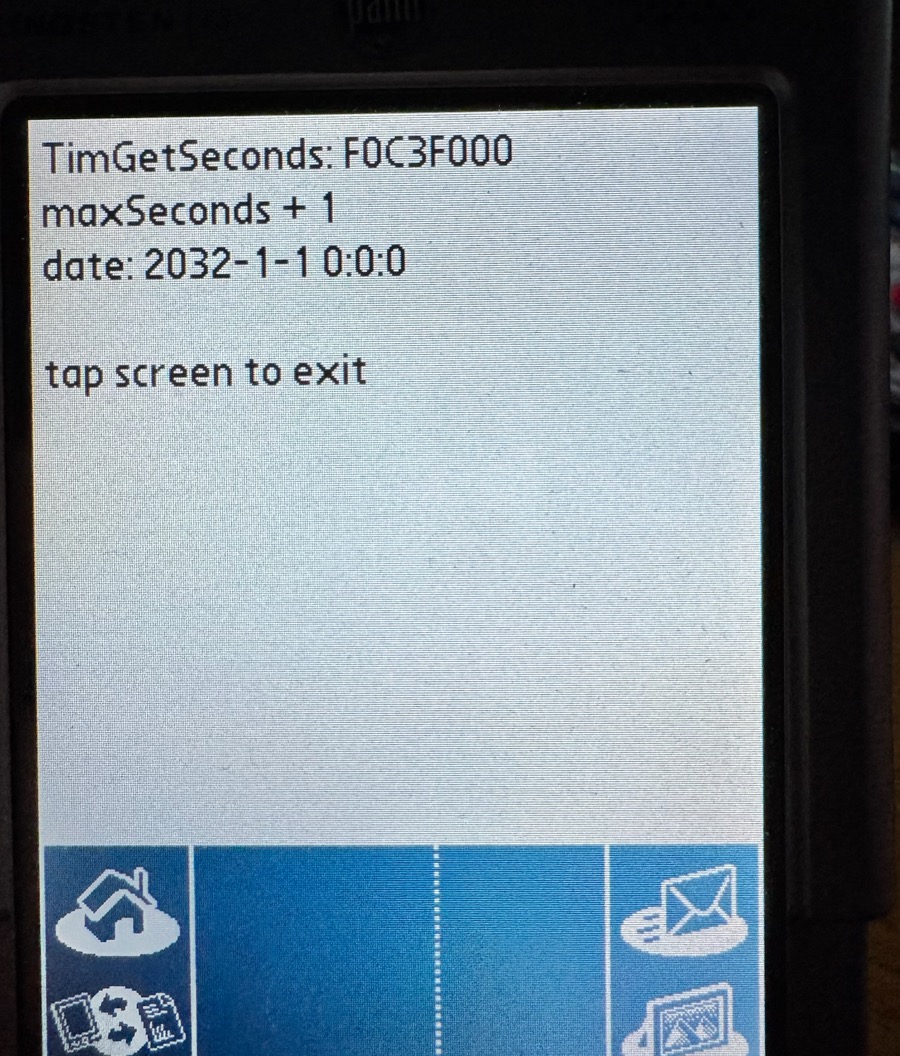 The same ClockProbe with the first version of DateFix: one second after maxSeconds it reads 2032-1-1 0:0:0